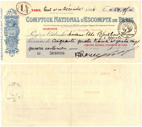 Банковский чек. Париж 1924 год