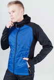 Премиальный костюм для лыж и зимнего бега Nordski Hybrid Hood Premium Black/Blue с лямками