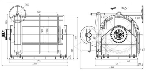 Траловая лебедка IYJ45-60-1000-22-PDL(R) с тяговым усилием 6 тс и тросом 1000 м (габаритные размеры)