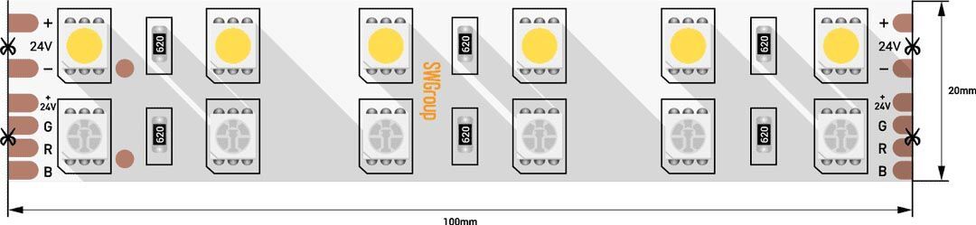 Светодиодная лента SWG 28,8W/m 120LED/m 5050SMD RGB/ теплый белый 5M 901044
