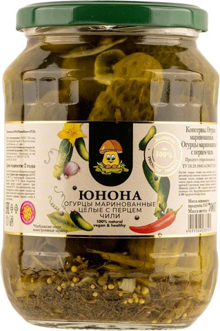 Огурцы маринованные с перцем чили 6-9 700г ст/б Юнона