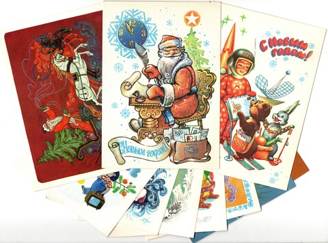Подборка поздравительных Новогодних открыток — 10 штук— разные художники —чистые, без повторов, винтаж времен СССР