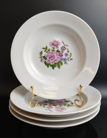 Тарелки пирожковые набор из 5 штук, фарфор, деколь цветы, Дулево ФЗ, D- 19.5 см, винтаж СССР 1964-1991 гг