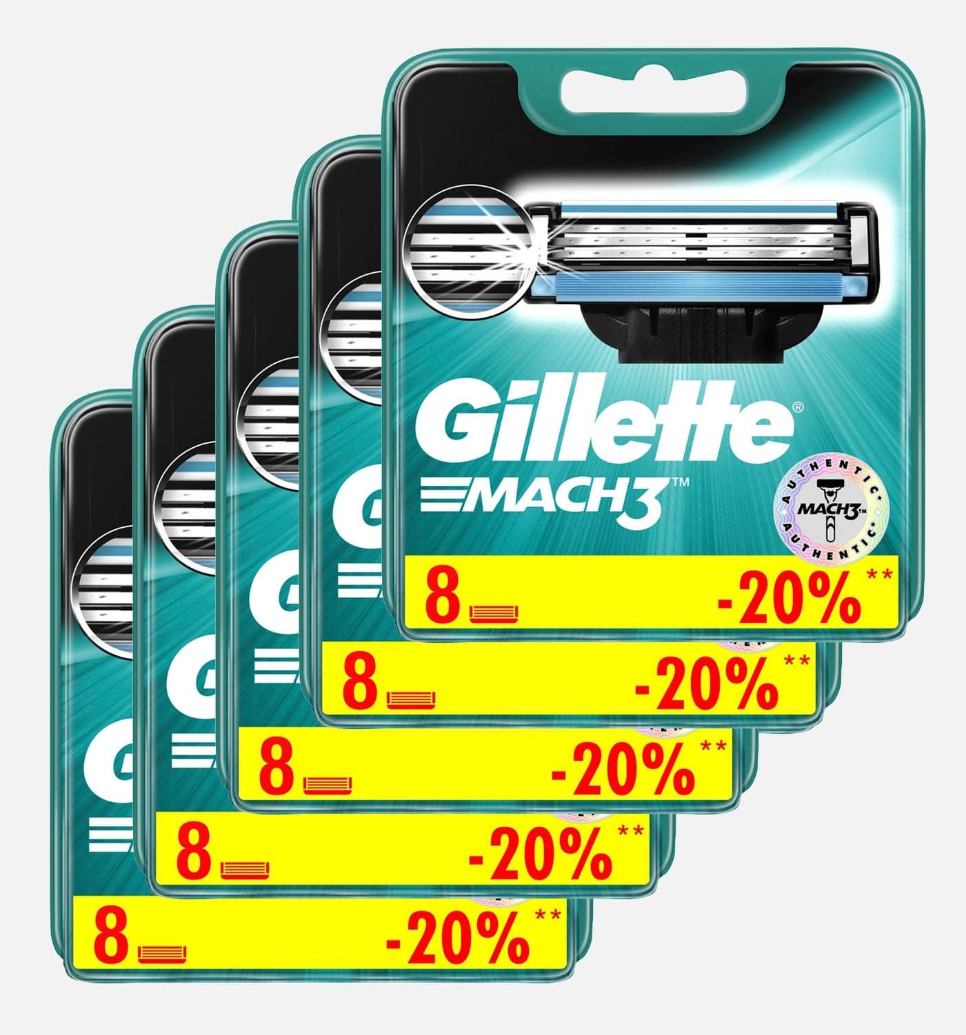 Сменные кассеты для бритья Gillette MACH3 комплект 5 по 8 (40 шт). Цена с учетом скидки 12%.