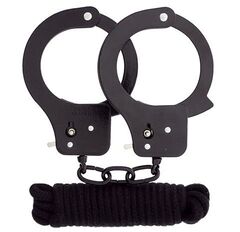 Чёрные наручники из листового металла в комплекте с веревкой BONDX METAL CUFFS&LOVE ROPE SET - 