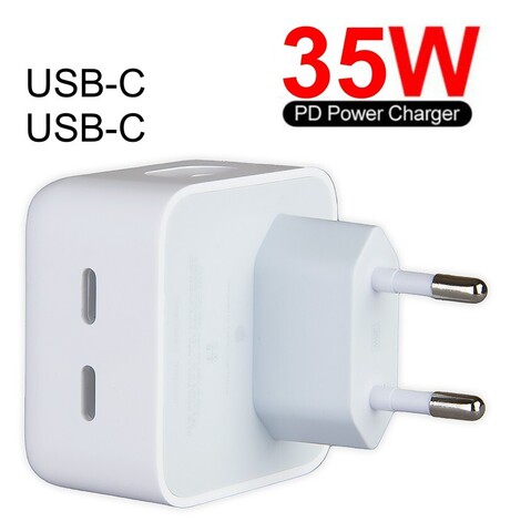 Адаптер питания на 2 Type-C (USB-C) с быстрой зарядкой 35W PD для MacBook, iPad, iPhone и др. (Белый)