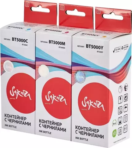 Набор чернил Sakura SIBT5000BA для Brother DCP-T310, DCP-T510W, DCP-T710W, MFC-T810W, MFC-T910DW, MFC-T300, MFC-T500W, MFC-T700W, MFC-T800W, MFC-T4500DW, HL-T4000DW, водорастворимый тип, (голубой, пурпуный, желтый), 3 шт в наборе.