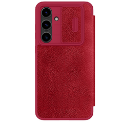 Кожаный чехол книжка красного цвета от Nillkin для Samsung Galaxy S24 FE, серия Qin Pro Leather с защитной шторкой для камеры