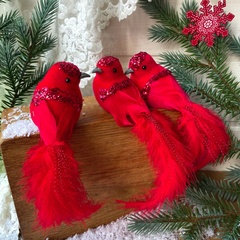 Птички Красные перьевые, на зажиме, 14-16 см, набор 3 шт