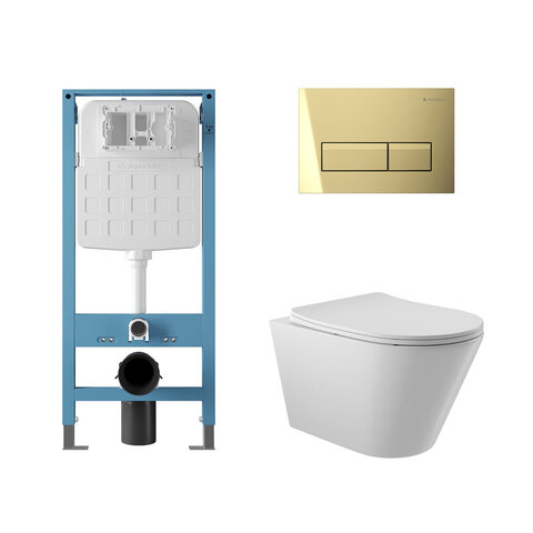 Aqueduto AQDS251 AQD комплект: TECNICA Novo Система инсталляции для подвесного унитаза, RETANGULO Novo Панель смыва, шлифованное золото, CONE Унитаз подвесной 525*360 безободковый, сиденье с микролифтом, белый глянцевый