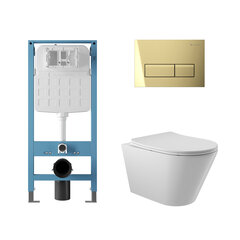 Aqueduto AQDS251 AQD комплект: TECNICA Novo Система инсталляции для подвесного унитаза, RETANGULO Novo Панель смыва, шлифованное золото, CONE Унитаз подвесной 525*360 безободковый, сиденье с микролифтом, белый глянцевый фото