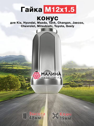 Гайки колесные м12*1.5 высота 48мм ключ 19мм конус - 20шт для Kia Hyundai Mazda Tank Changan Jaecoo Chevrolet Mitsubishi Toyota Geely