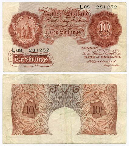 Банкнота Англия 10 шиллингов 1929 год L08 281252 (подпись B.G.Catterns). VF (Очень редкая)