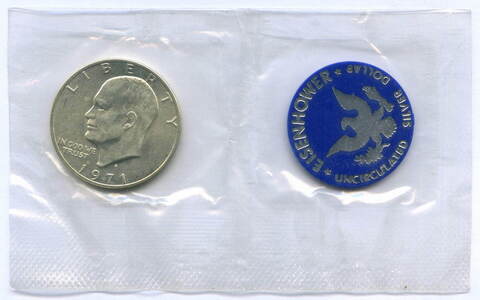 1 доллар 1971 год (S). США. Эйзенхауэр. Серебро, диаметр 38.1 мм. UNC с жетоном в родной запайке