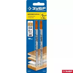 ЗУБР T301CD, T-хвост., У8А сталь, по дереву, шаг зуба 4 мм (6TPI), раб. длина 100 мм, 2 шт, полотна для лобзика, Профессионал (15582-4)