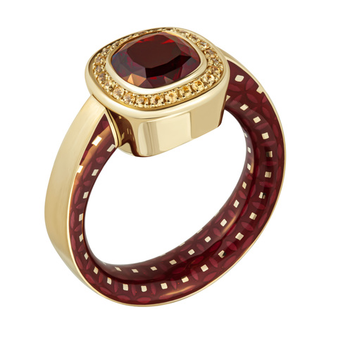 Кольцо с Гранатом и жёлтыми сапфирами, Эмаль, R0176-52/11