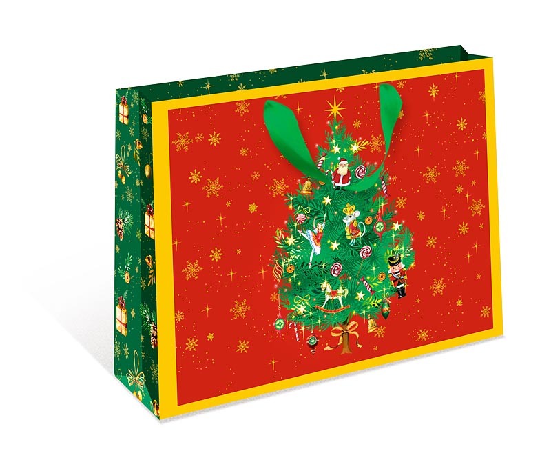 Пакет подарочный ХL горизонтальный, Новогодняя елочка, Зеленый/Красный, 40*50*15 см (Д*В*Ш), 1 шт.