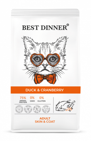 Best Dinner Adult Cat сухой корм для взрослых кошек, для ухода за кожей и шерстью (утка,клюква) 400г