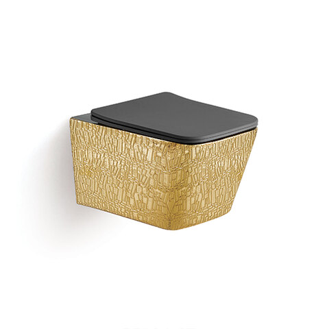 Унитаз подвесной Q-Line  безободковый, цвет золото/черный, ультратонкое soft close сиденье