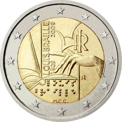 2 евро 200 лет со дня рождения Луи Брайля 2009 год, Бельгия. UNC №2