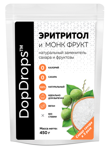 Монк Фрукт и Эритритол (слаще сахара в 3раза) DopDrops 450гр натуральный подсластитель и заменитель сахара