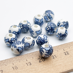 Бусины Шар с цветами, керамика, цвет синий, размер около 10 мм, цена за 1 шт