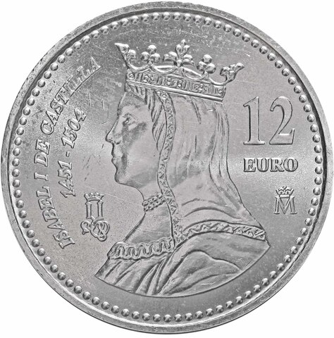 12 евро. 500 лет со дня смерти Изабеллы I. Испания. Серебро. 2004 г. AU