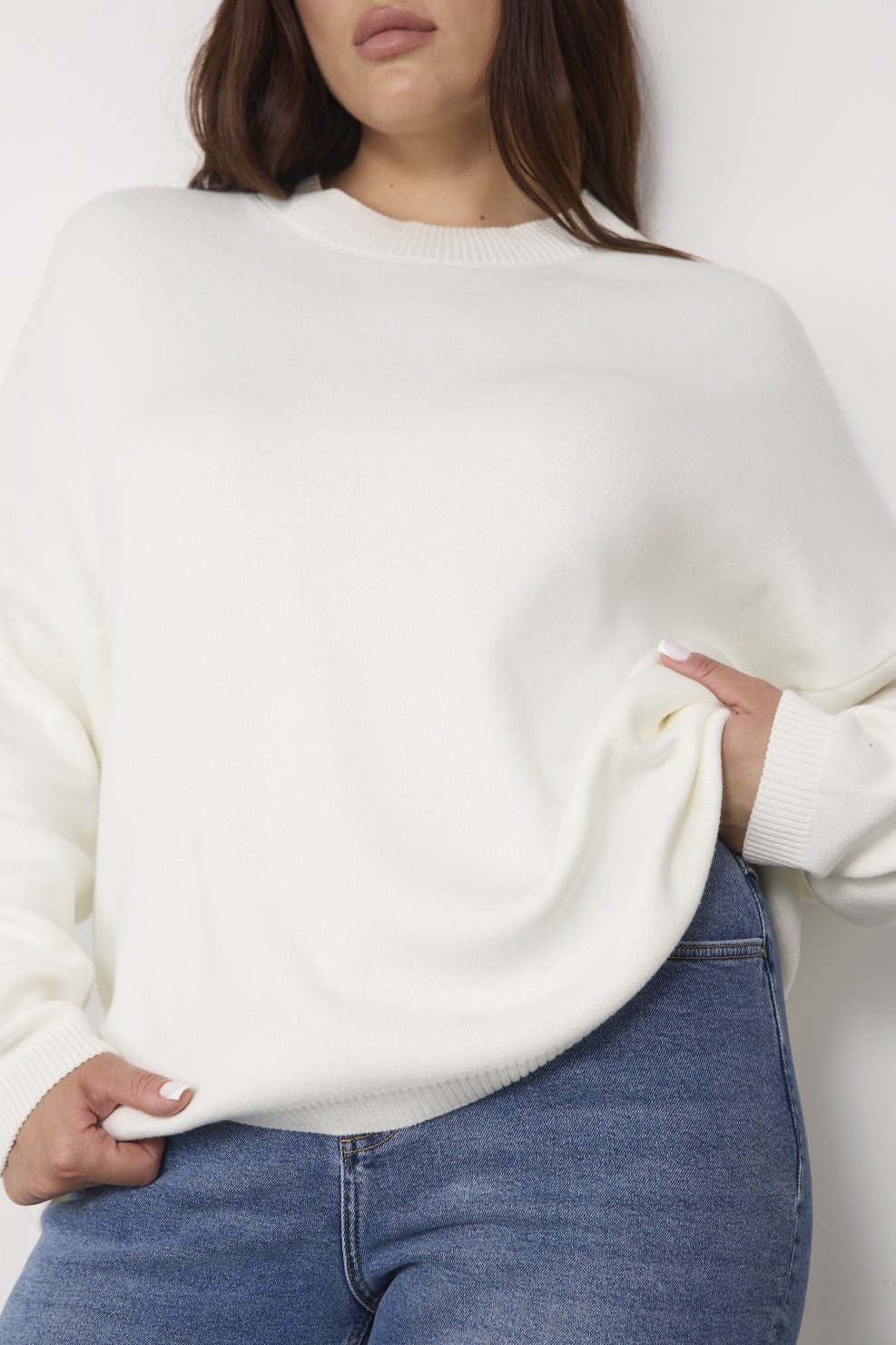 Джемпер вязаный с круглым вырезом, молочный