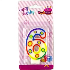 
          Свеча для торта с держателем Alingar, 7,0 см, "Цифра 6", белый цвет, горошек, цветная окантовка, блистер с европодвесом