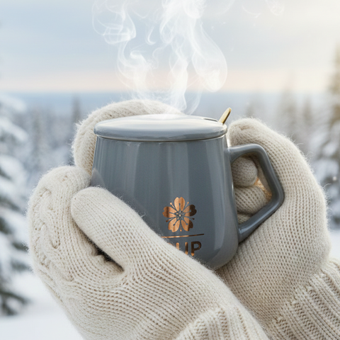 Керамическая кружка с крышкой и ложкой, серый, 9,5*7,7 см, 400 мл