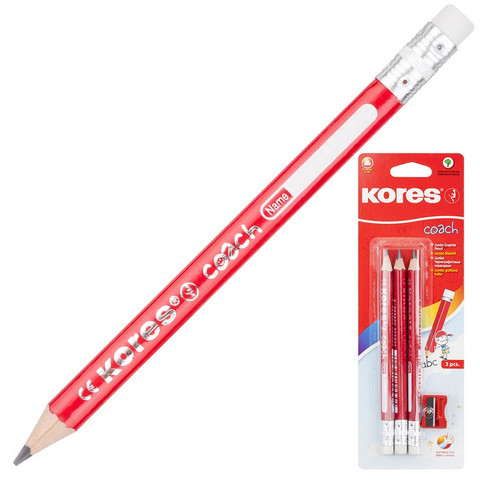 Набор чернографитных карандашей Kores Jumbo HB заточенные с ластиком (3 штуки в упаковке + точилка)