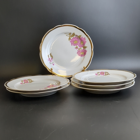 Тарелки для десертов набор из 6 штук, D- 17.5 см, Дулево ФЗ, цветы, золочение, винтаж времен СССР 1968-1991 гг