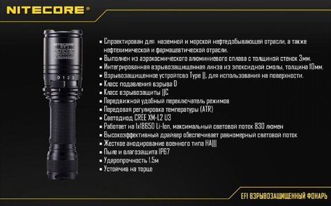 Фонарь светодиодный Nitecore EF1 CREE XM-L2 U3, 830 лм, аккумулятор