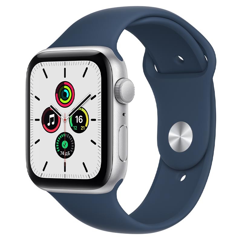 Apple Watch SE, GPS, 44 мм, алюминий серебристого цвета, спортивный ремешок цвета «Синий омут»