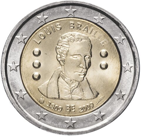 2 евро 200 лет со дня рождения Луи Брайля 2009 год, Бельгия. UNC