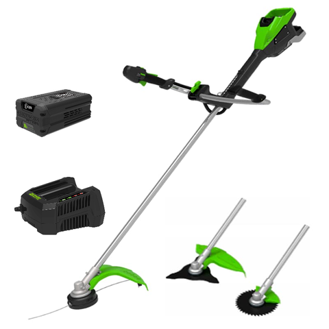 Триммер аккумуляторный Greenworks TB201H, 82V, 2,0 кВт, 46 см, c трехлопастным ножом и кусторезом, бесщеточный, с 1хАКБ 8 Ач и ЗУ (2112407UH)