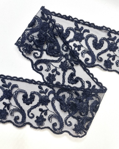 Тесьма из сетки с вышивкой, цвет тёмно-синий, 65 мм