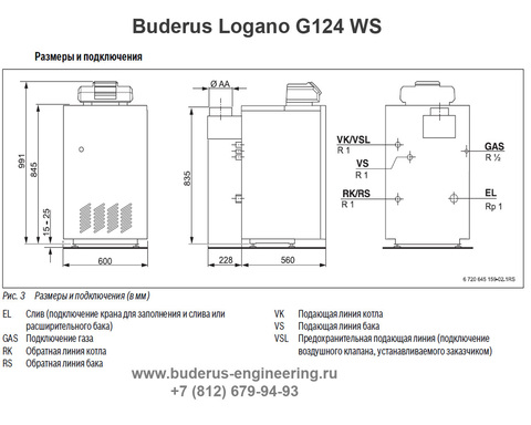 Buderus Logano G124-28WS Газовый Напольный Чугунный Атмосферный котел (RU-TOP) (Размеры подключения)