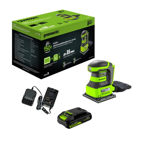 Плоская шлифмашина акк. Greenworks G24SS14, 24V, 115x140мм, 5500 об/мин, ампл. 1,6 мм,1х2Ач,ЗУ,кор (3100507CUA)