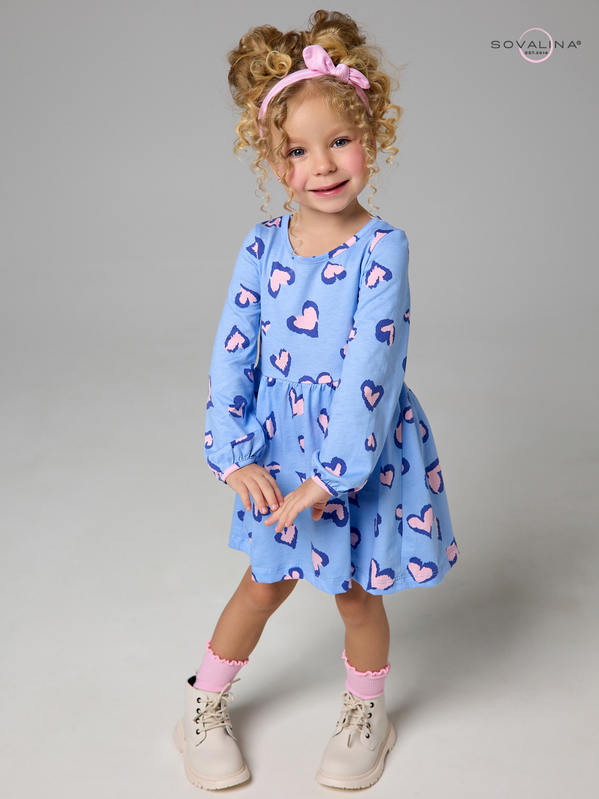 Платье Моана розовые сердечки на голубом
