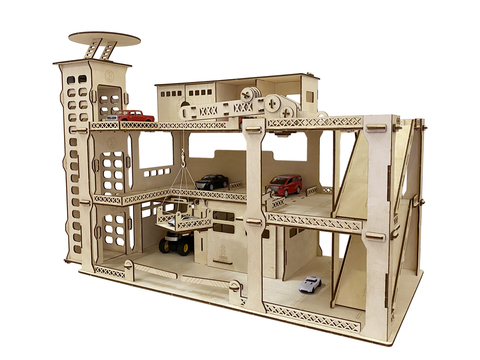 Деревянный детский конструктор гараж трёхуровневая парковка автостоянка с лифтом, краном и вертолётной площадкой, 241 деталь, 80х40х56 см