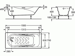 ВАННА ЧУГУННАЯ ROCA MALIBU 150x75 с ручками