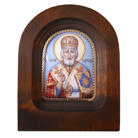 Икона финифть Николай Чудотворец деревянная арка