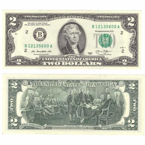 Банкнота США 2 доллара 2013 год B 12135600 A (Нью-Йорк). UNC