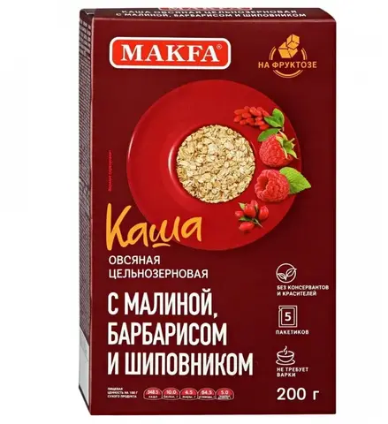 Каша Макфа овсяная цельноз на фруктозе малина баб 200г, шт