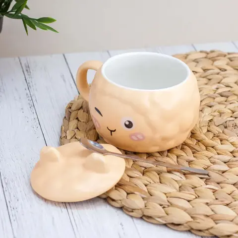 Керамическая кружка с крышкой и ложкой, розовый/голубой/желтый/персиковый, 370 мл