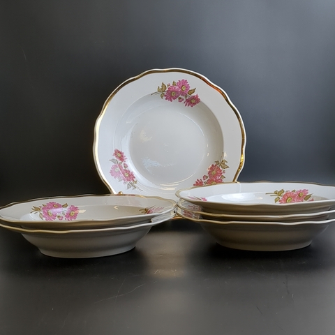 Тарелки суповые набор из 6 штук, D- 23.5 см, Дулево ФЗ, цветы, золочение, винтаж времен СССР 1968-1991 гг