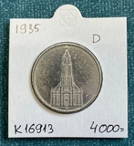 K16913 1935 Германия 5 марок рейхсмарок Кирха без подписи D Ag-900, 13.88 gr