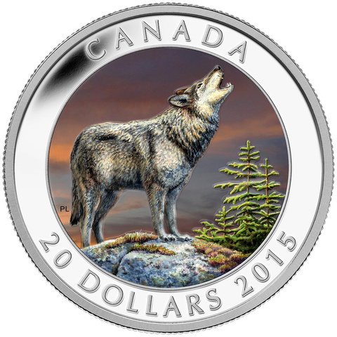 Канада 2015, 2 доллара, серебро. Серый волк, цветная