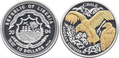 10 долларов. Андский кондор птица Чили Серебро. Либерия. 2004 год. PROOF